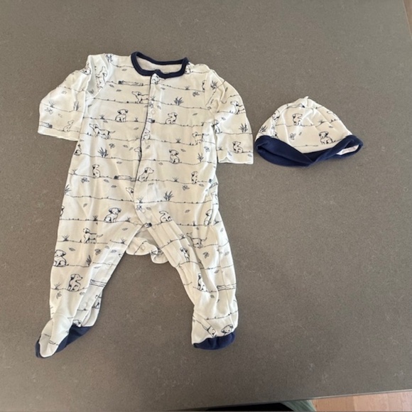 Little Me Dog 6M Sleeper and Hat Blue & White Unisex Boys Snaps Worn 2x - Picture 1 of 6